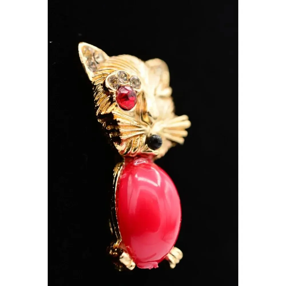 Vintage Winking Cat Pin Brooch Kissy Face Cabochon Crystal Gold 1980s BinATa